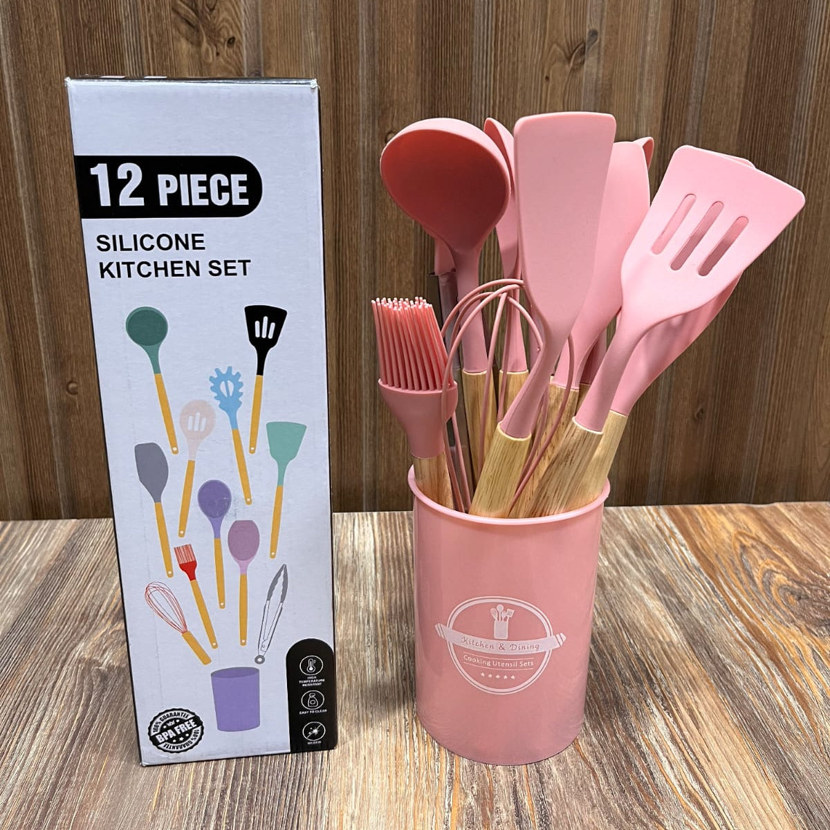 12-Piece Silicone Kitchen Utensil Set with Holder – Pink, BPA Free