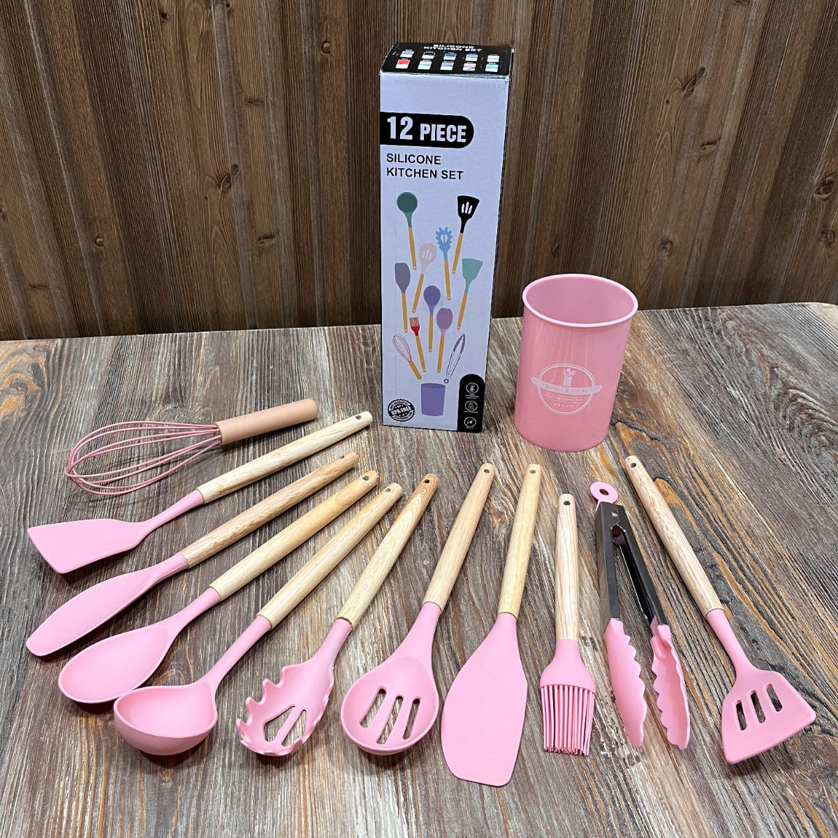 12-Piece Silicone Kitchen Utensil Set with Holder – Pink, BPA Free