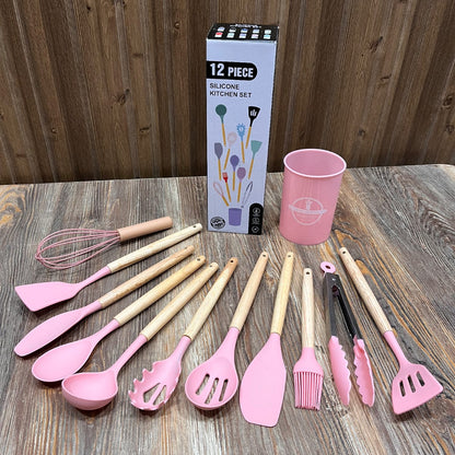 12-Piece Silicone Kitchen Utensil Set with Holder – Pink, BPA Free