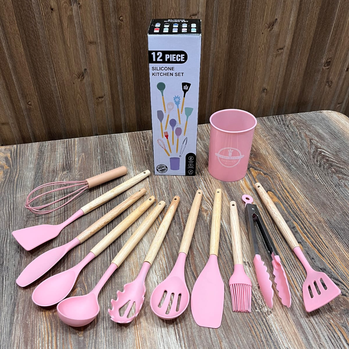 12-Piece Silicone Kitchen Utensil Set with Holder – Pink, BPA Free