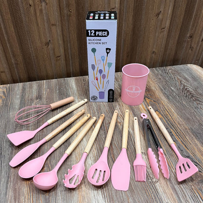 12-Piece Silicone Kitchen Utensil Set with Holder – Pink, BPA Free