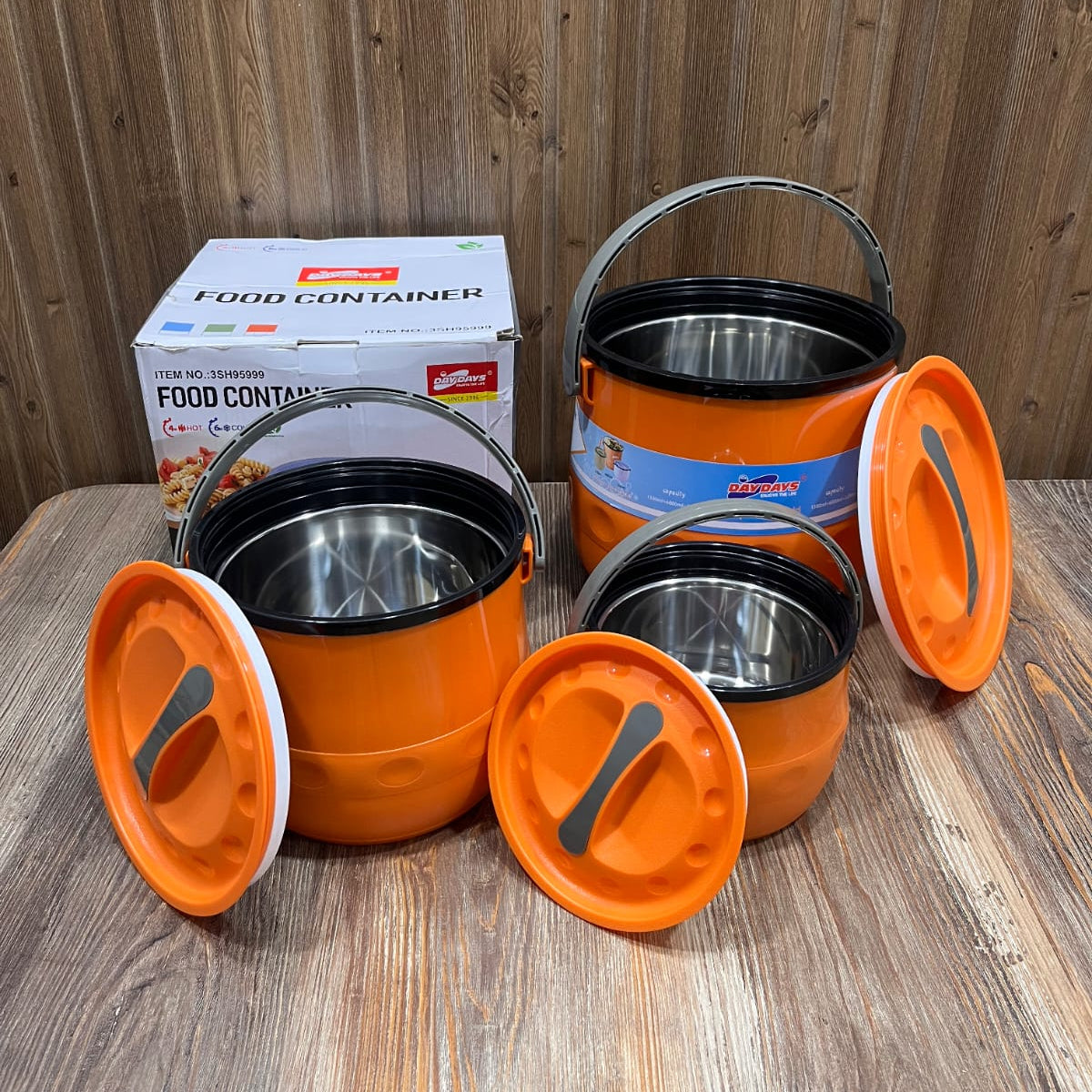 DayDays Insulated Food Container Set (3 Pcs) – Hot & Cold, 1.3L + 3.2L + 6.8L