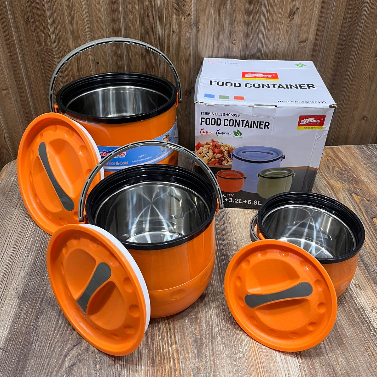 DayDays Insulated Food Container Set (3 Pcs) – Hot & Cold, 1.3L + 3.2L + 6.8L