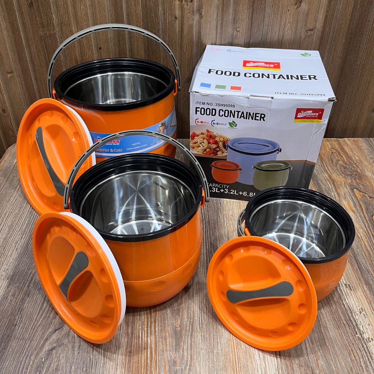 DayDays Insulated Food Container Set (3 Pcs) – Hot & Cold, 1.3L + 3.2L + 6.8L
