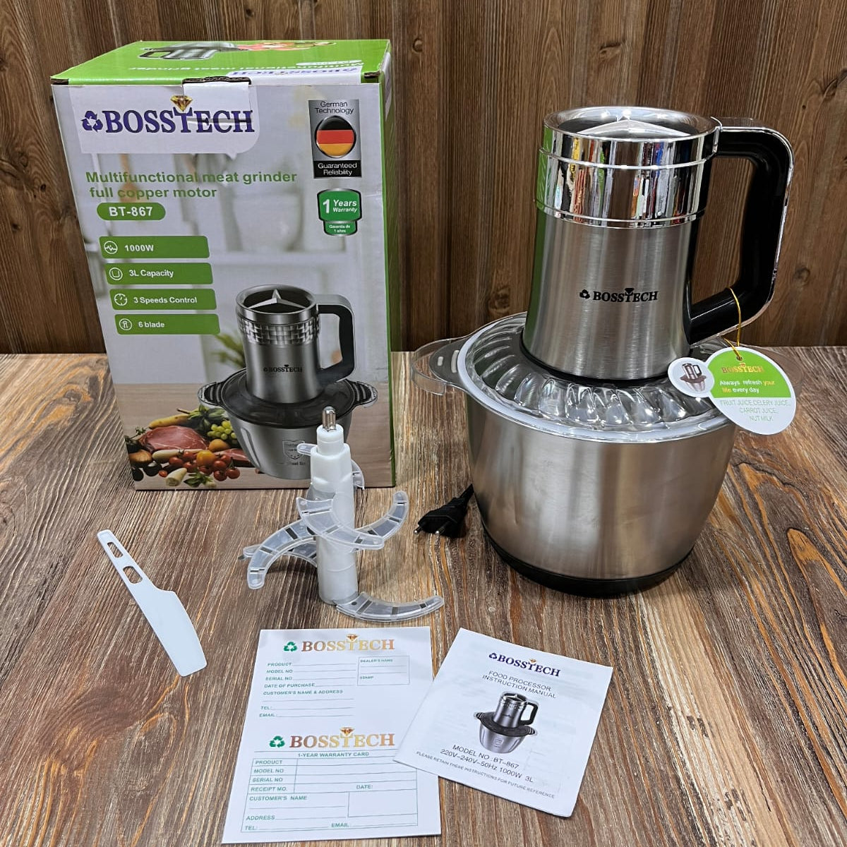 Bosstech BT-867 Multifunctional Meat Grinder & Food Processor 1000W, 3L