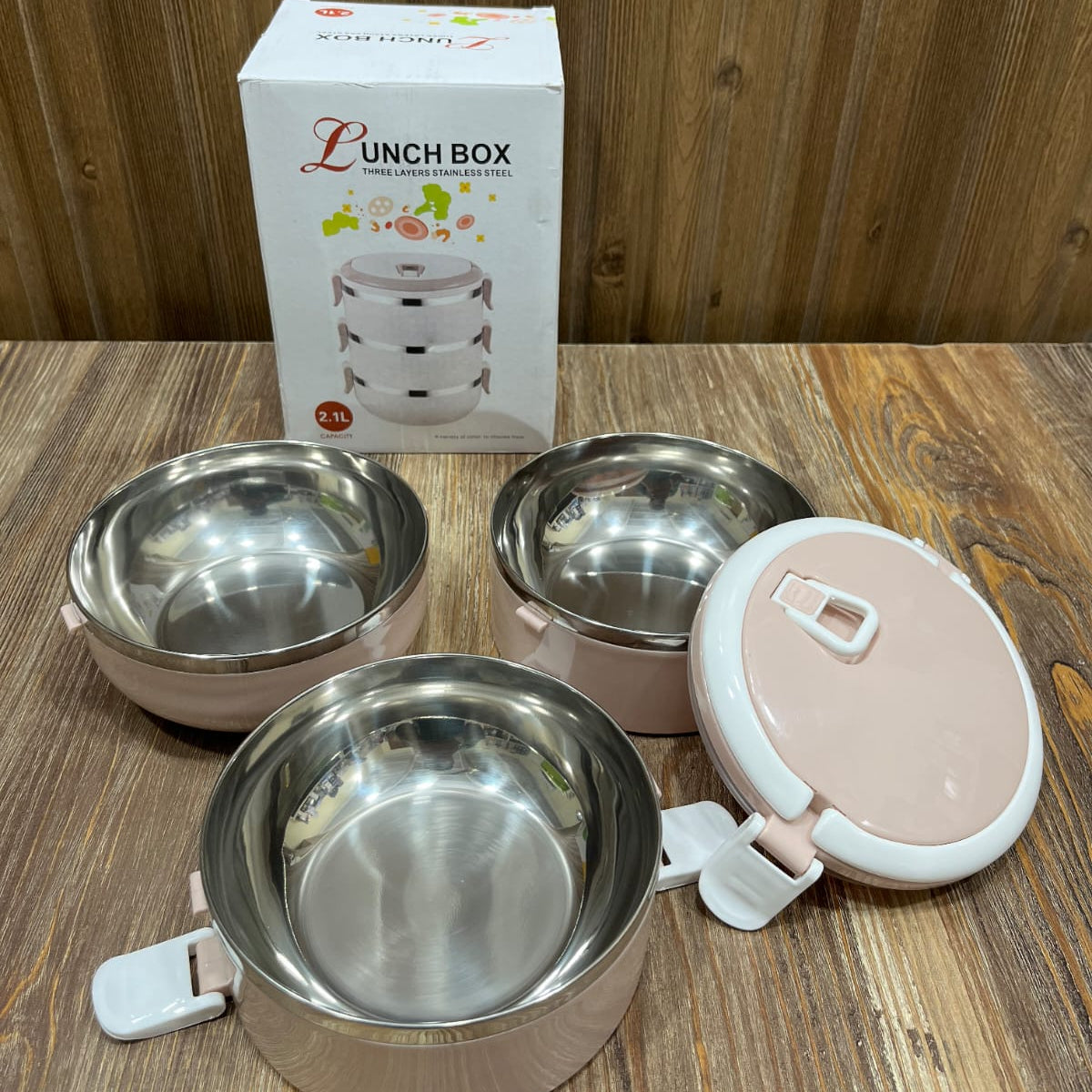Three Layers Stainless Steel Lunch Box - 2.1L Capacity, Pink