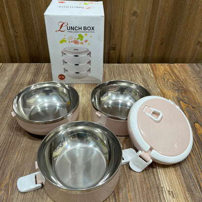 Three Layers Stainless Steel Lunch Box - 2.1L Capacity, Pink