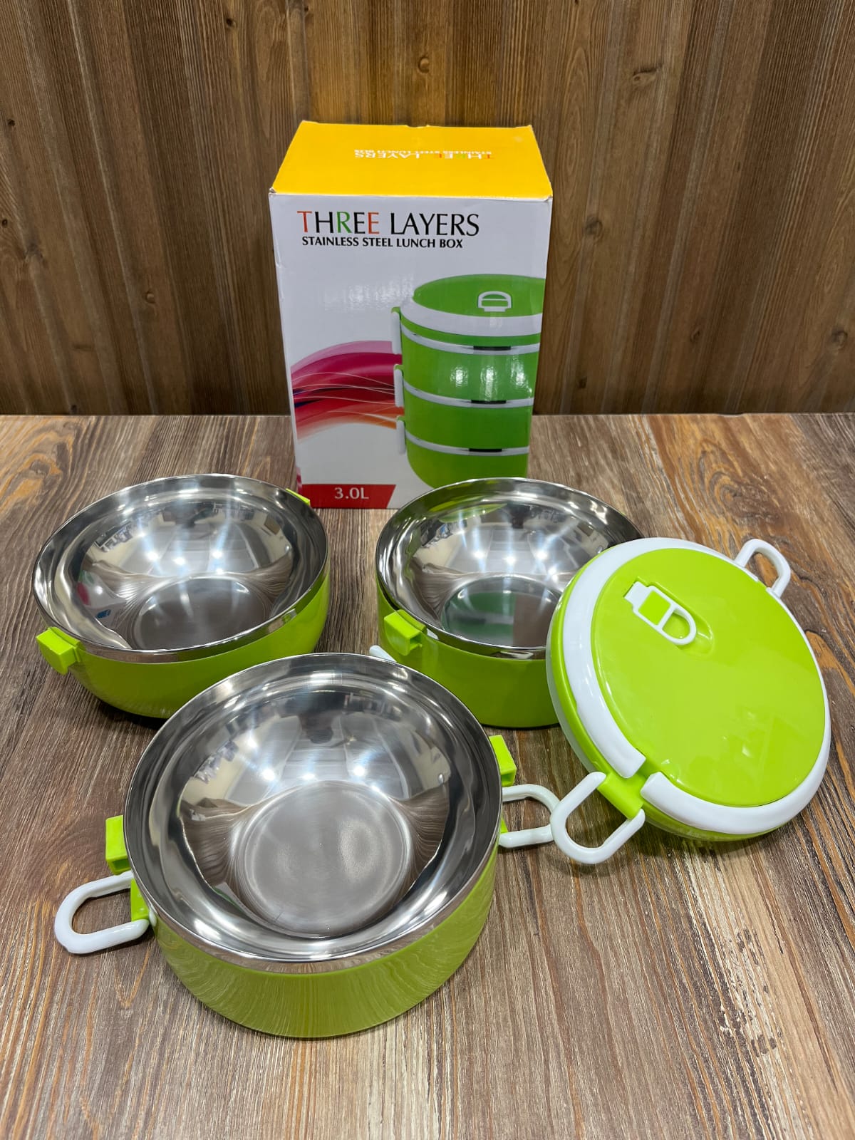 Three Layers Stainless Steel Lunch Box - 3.0L Capacity, Green