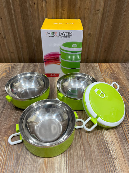 Three Layers Stainless Steel Lunch Box - 3.0L Capacity, Green