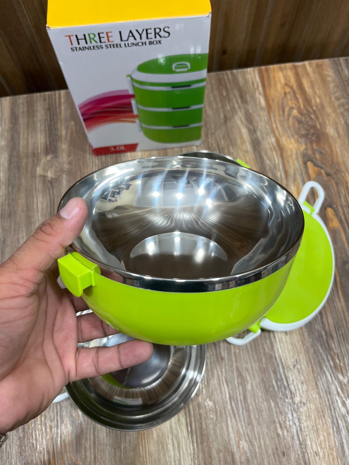 Three Layers Stainless Steel Lunch Box - 3.0L Capacity, Green