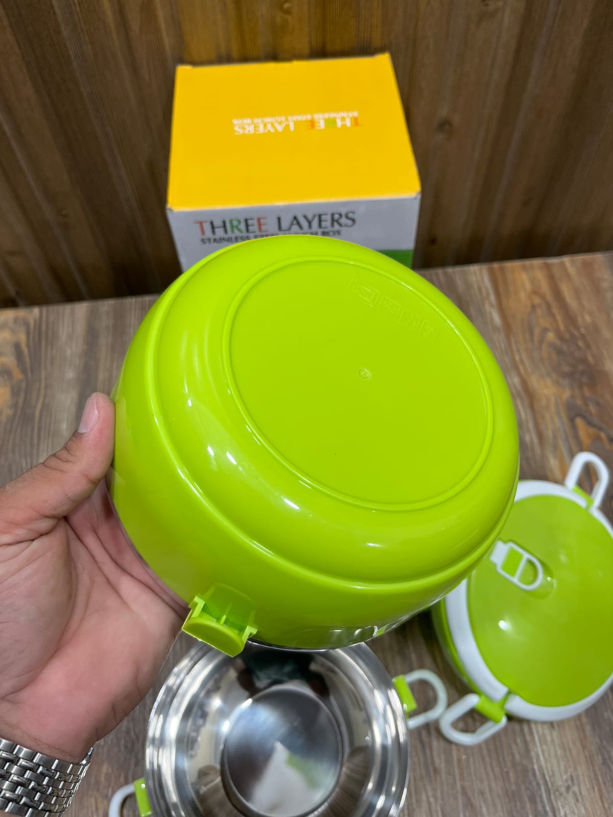 Three Layers Stainless Steel Lunch Box - 3.0L Capacity, Green