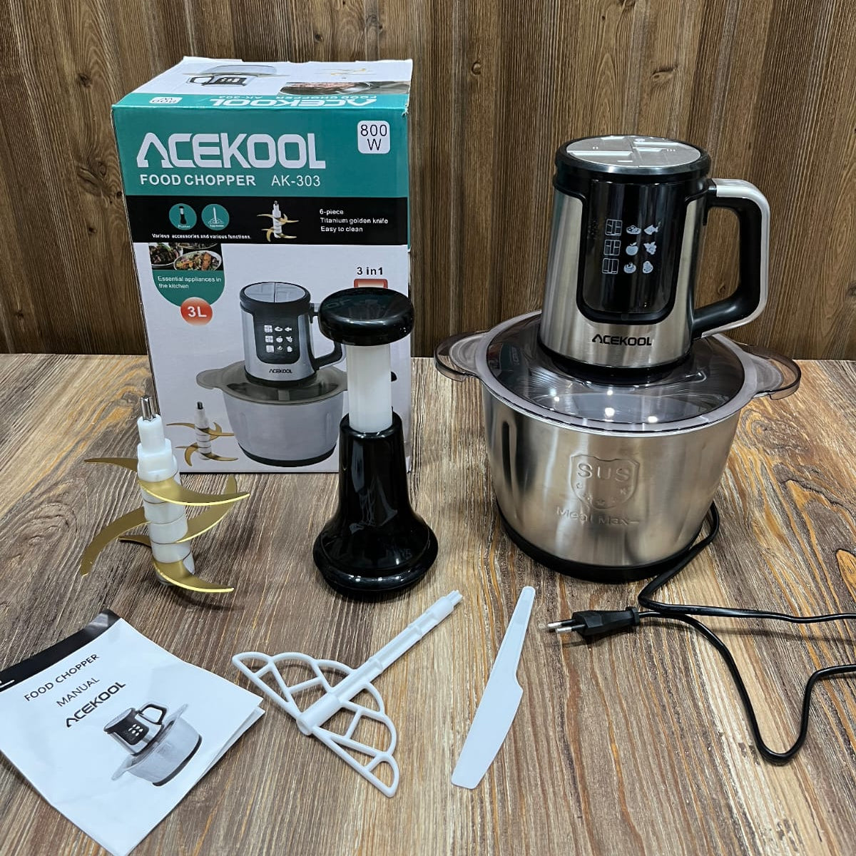 Acekool AK-303 Food Chopper - 800W, 3L, 6-Piece Titanium Golden Blade