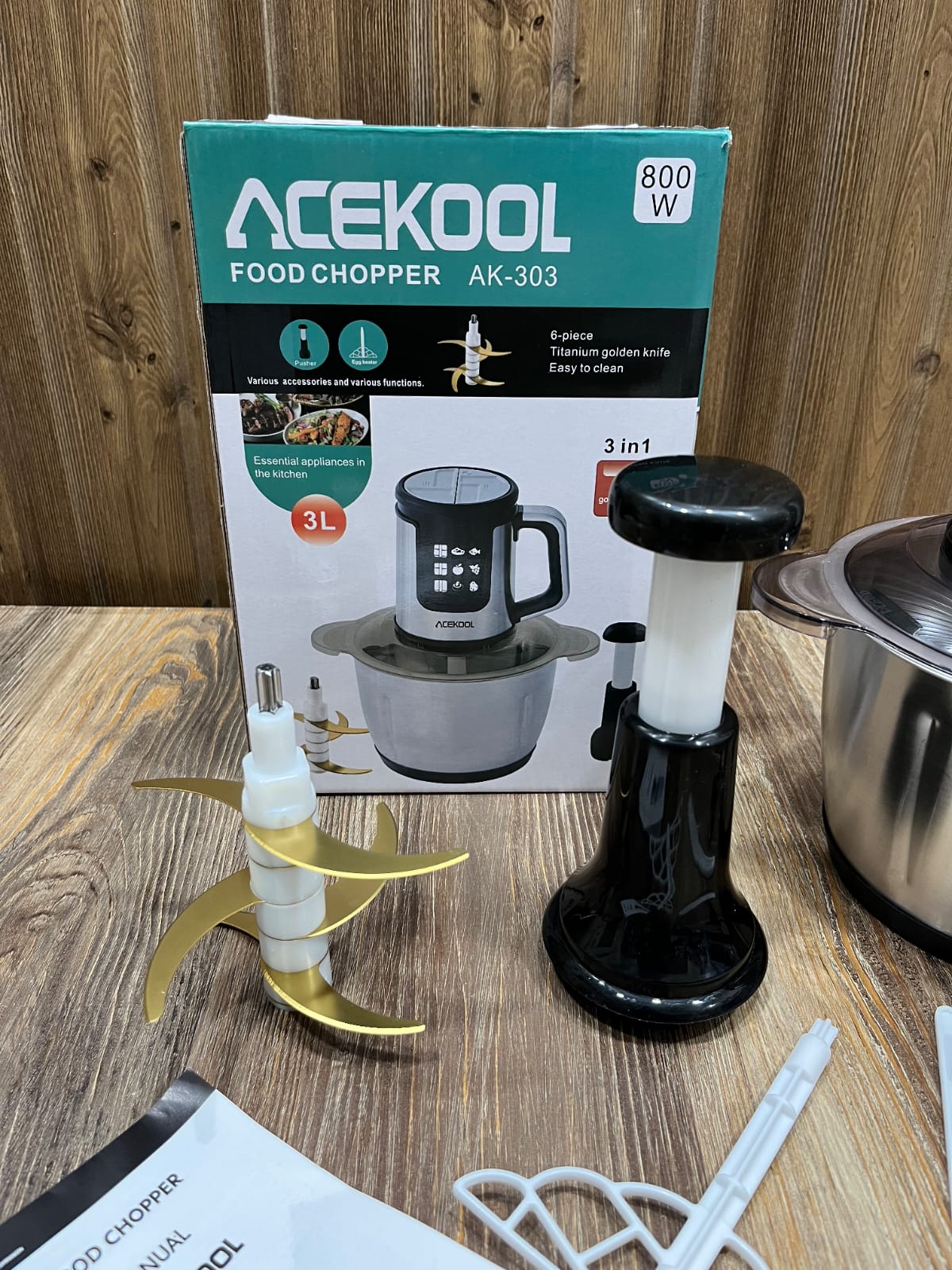 Acekool AK-303 Food Chopper - 800W, 3L, 6-Piece Titanium Golden Blade