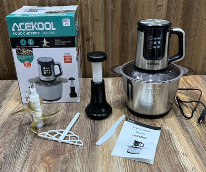 Acekool AK-303 Food Chopper - 800W, 3L, 6-Piece Titanium Golden Blade