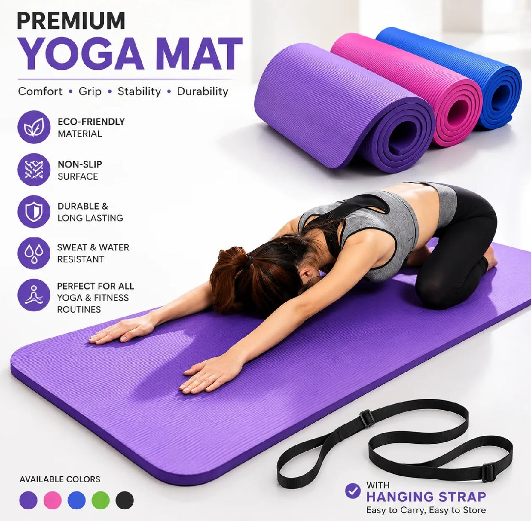 Premium Yoga Mat – Non-Slip, Eco-Friendly, Sweat Resistant | With Hanging Strap