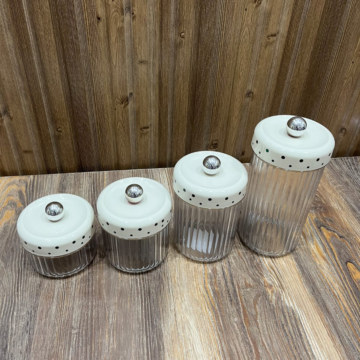 Ribbed Glass Storage Jar Set (4 Pcs) – White Polka Dot Lid Canisters