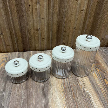 Ribbed Glass Storage Jar Set (4 Pcs) – White Polka Dot Lid Canisters