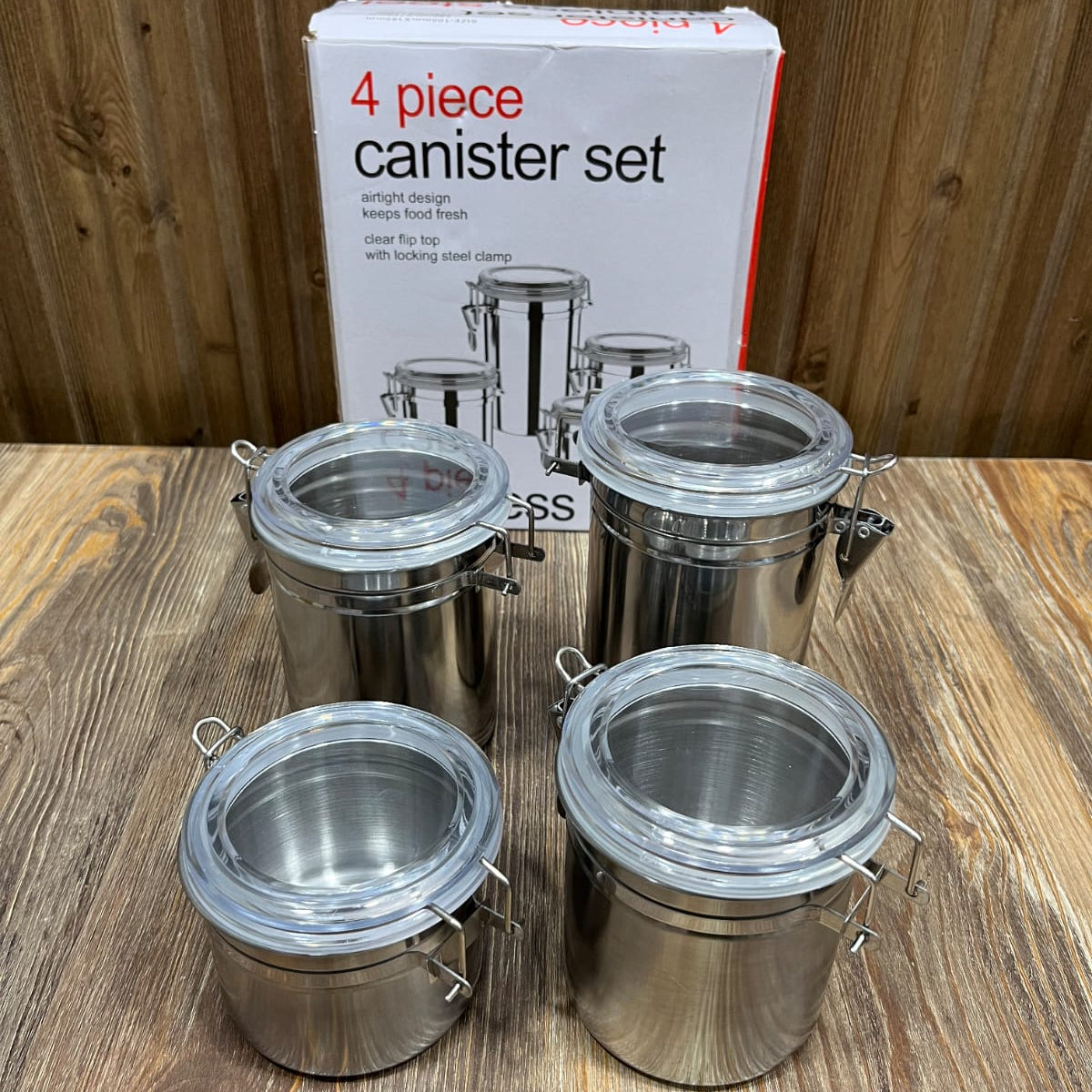 4-Piece Stainless Steel Airtight Canister Set with Clear Flip-Top Lids