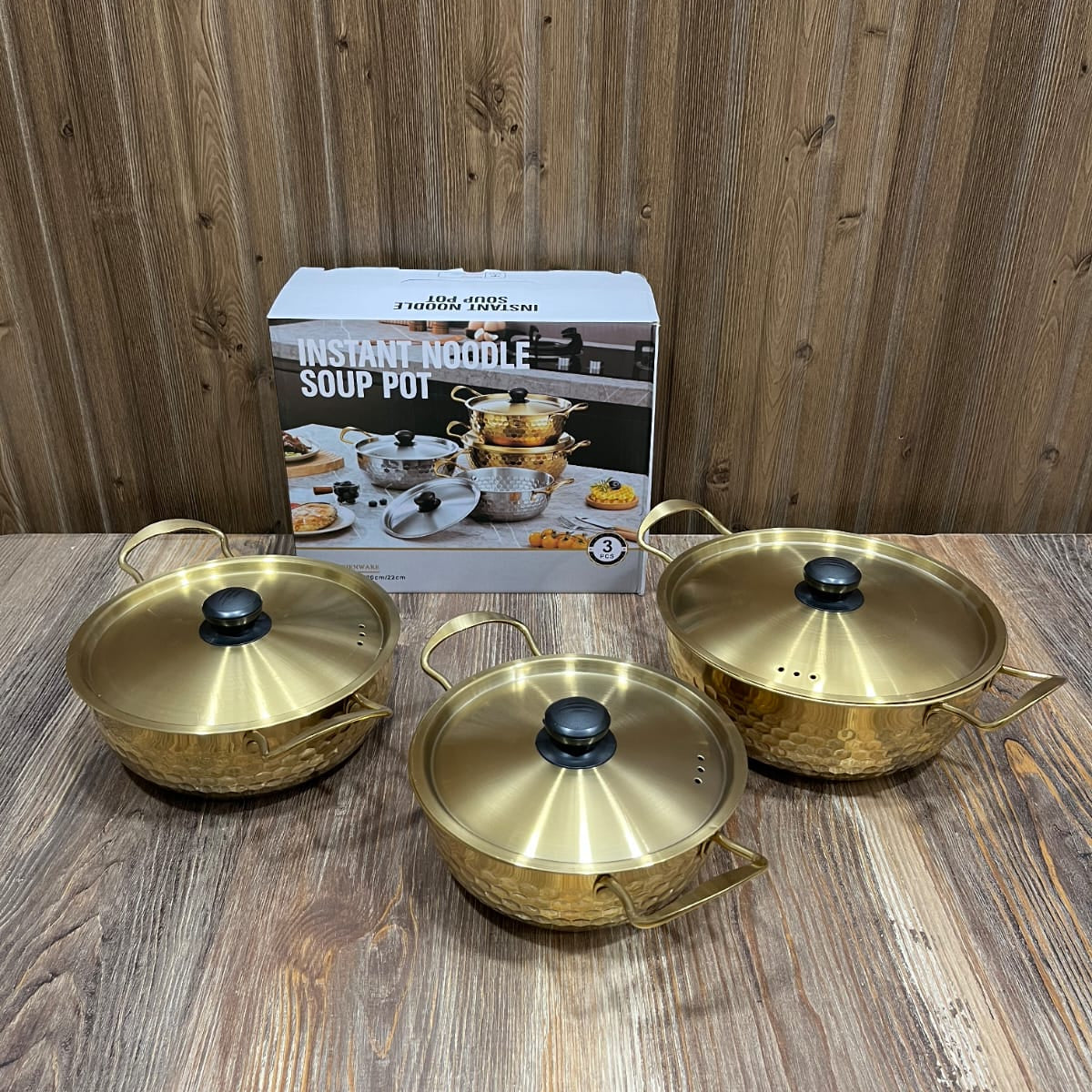 Golden Hammered Instant Noodle Soup Pot Set – 3 Pcs Stainless Steel Cookware with Lids (18/20/22cm)
