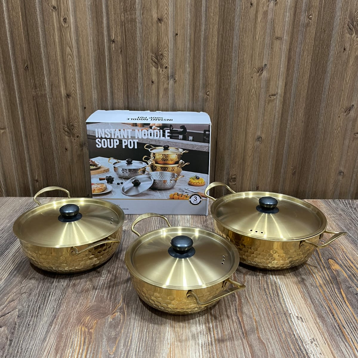 Golden Hammered Instant Noodle Soup Pot Set – 3 Pcs Stainless Steel Cookware with Lids (18/20/22cm)