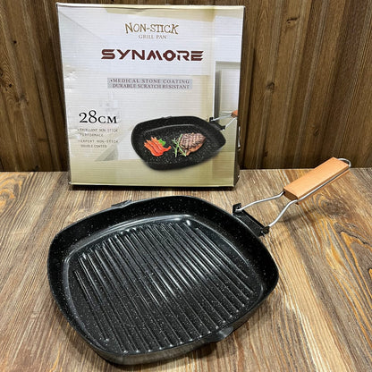 Synmore Non-Stick Grill Pan with Medical Stone Coating – Foldable Handle