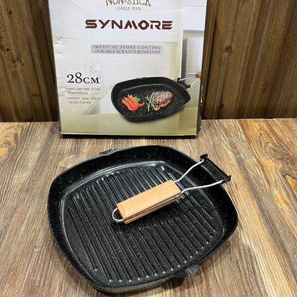 Synmore Non-Stick Grill Pan with Medical Stone Coating – Foldable Handle