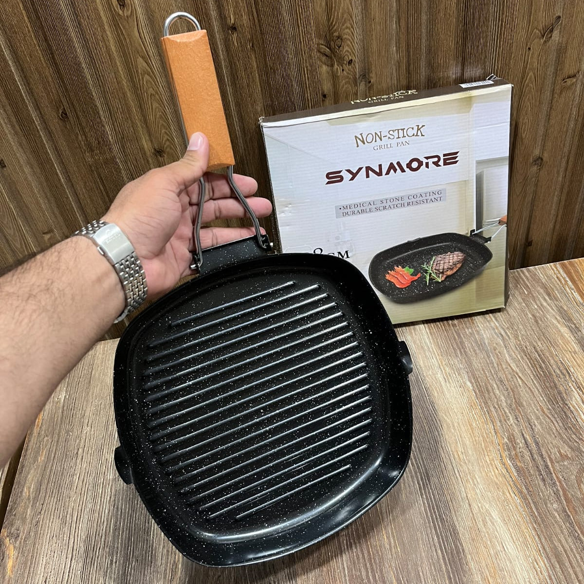 Synmore Non-Stick Grill Pan with Medical Stone Coating – Foldable Handle
