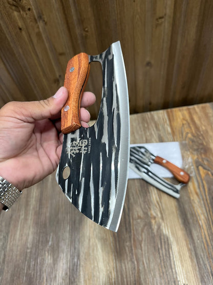 Yang Jiang Forged Damascus-Pattern Cleaver Knife Set (1 Pcs) - Wooden Handle