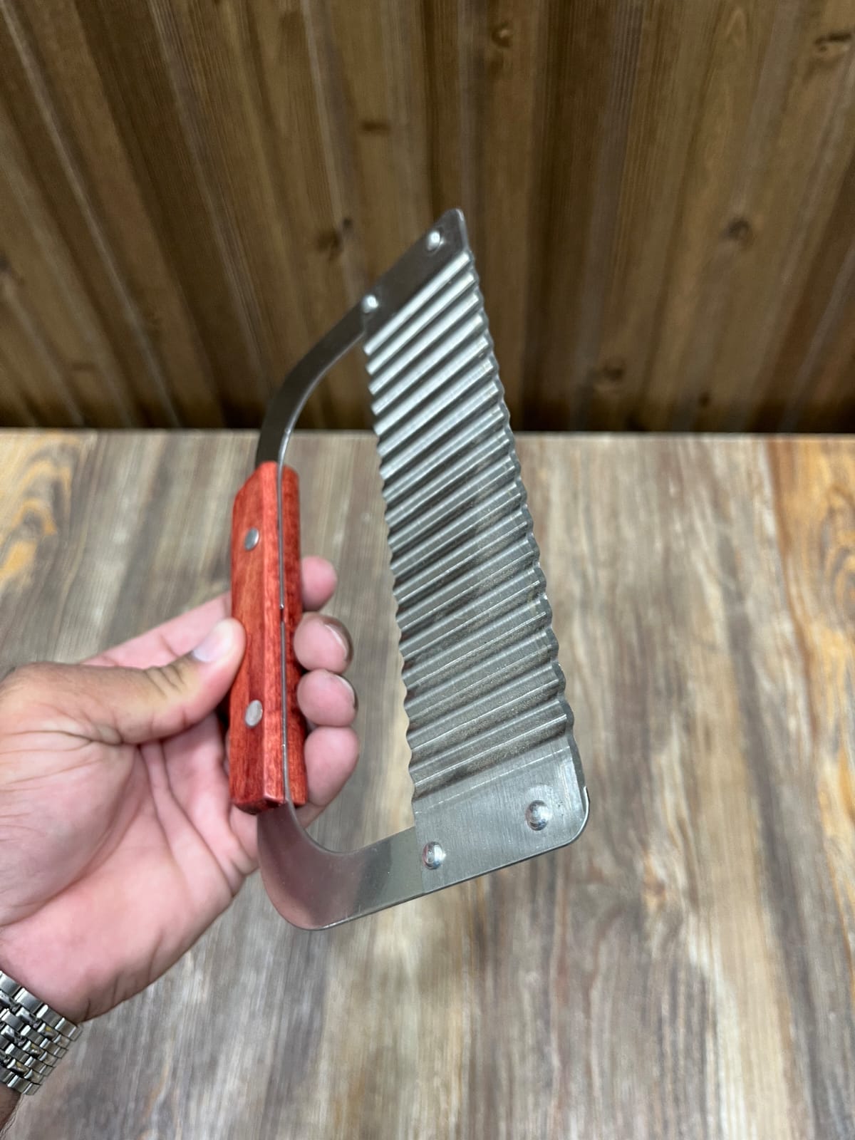 Loop-Frame Wavy Fries & Vegetable Cutter - Stainless Steel with Wooden Handle