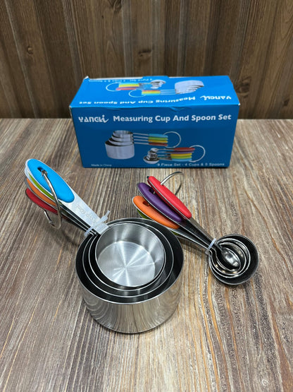 Yangli 9-Piece Stainless Steel Measuring Cups and Spoons Set with Colorful Silicone Handles