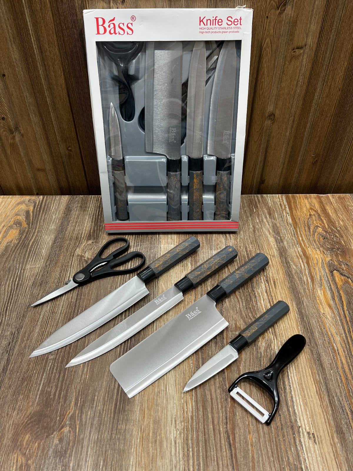 Bass 8-Piece Stainless Steel Knife Set with Scissors & Peeler