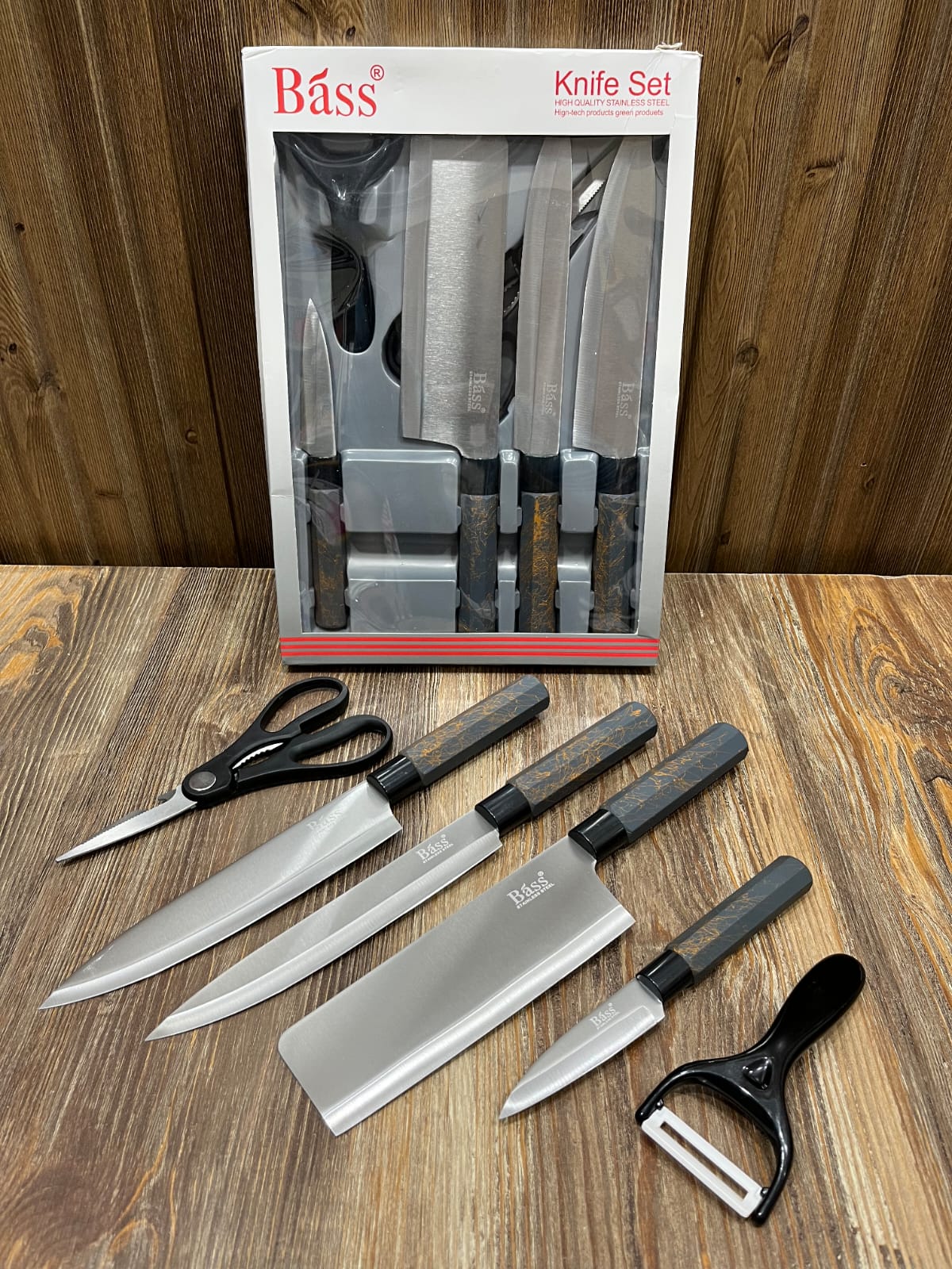 Bass 8-Piece Stainless Steel Knife Set with Scissors & Peeler