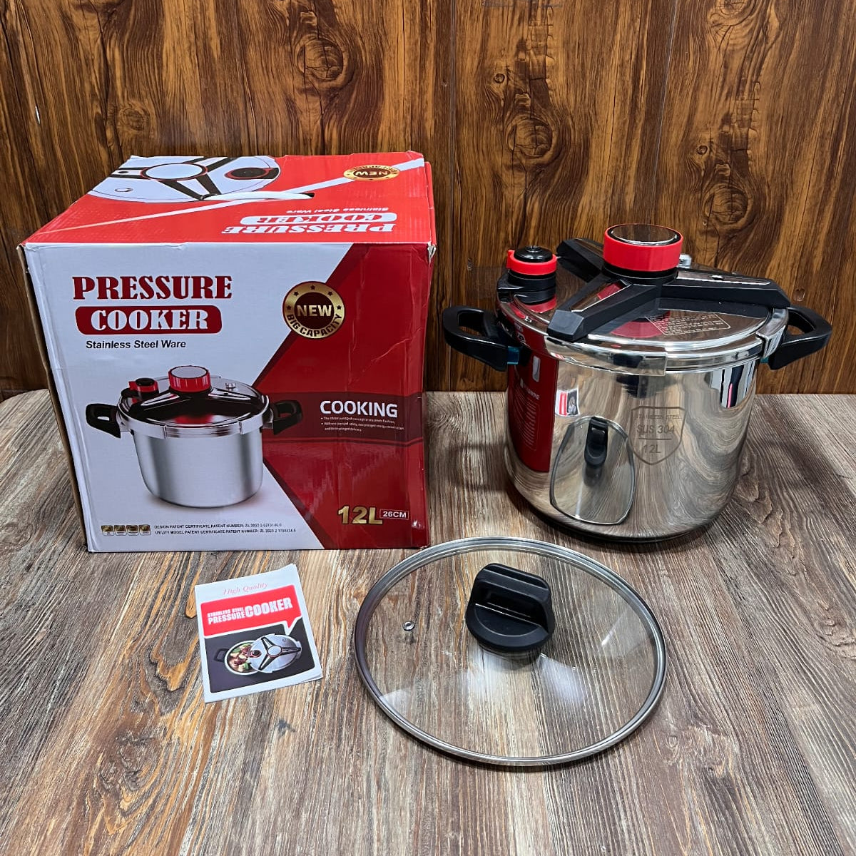 12L Stainless Steel Automatic Pressure Cooker with Glass Lid | 26cm Heavy Duty Cookware Po=