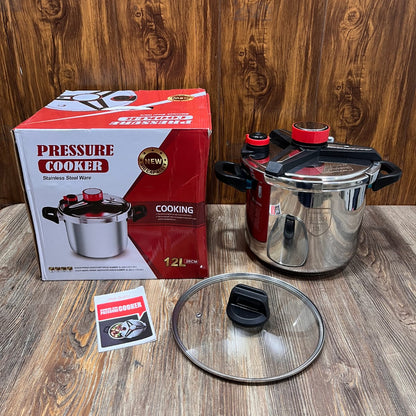12L Stainless Steel Automatic Pressure Cooker with Glass Lid | 26cm Heavy Duty Cookware Po=