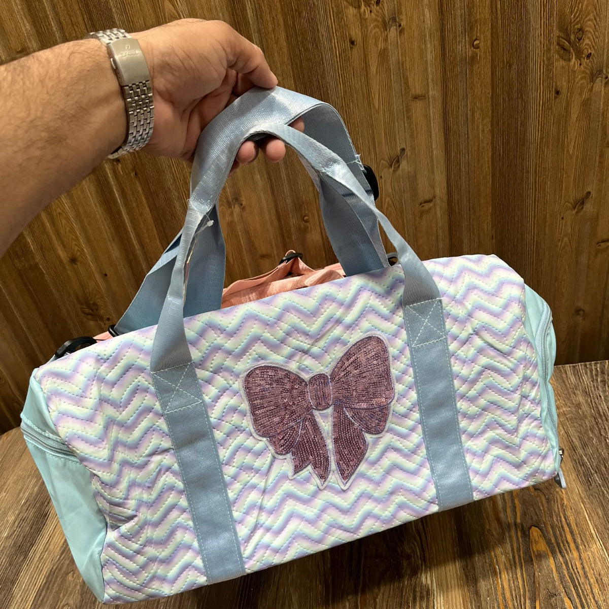 Fashion Quilted Duffel Bag with Sequin Bow Patch