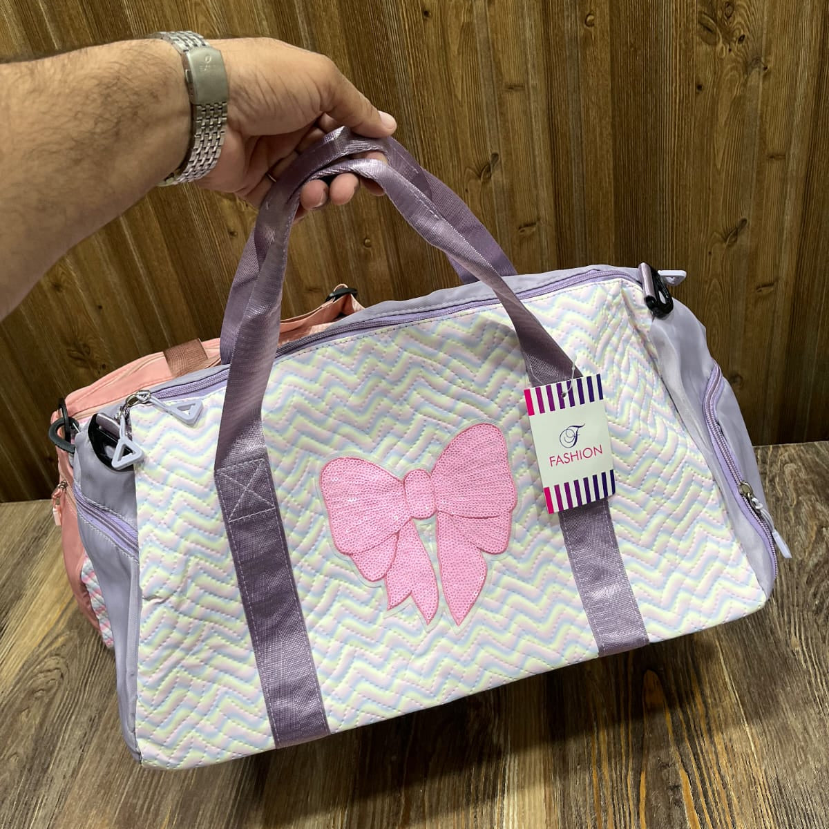 Fashion Quilted Duffel Bag with Sequin Bow Patch