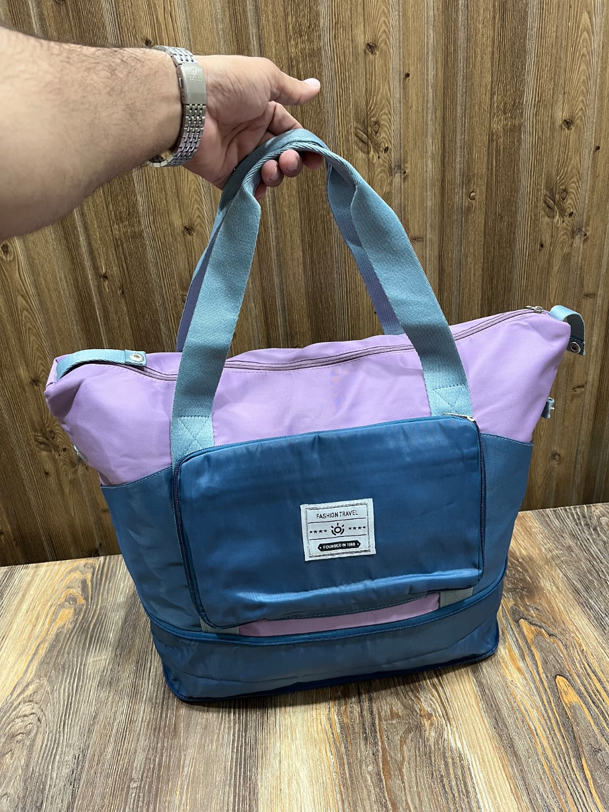 Fashion Travel Foldable Duffel Tote Bag – Purple & Blue Colorblock