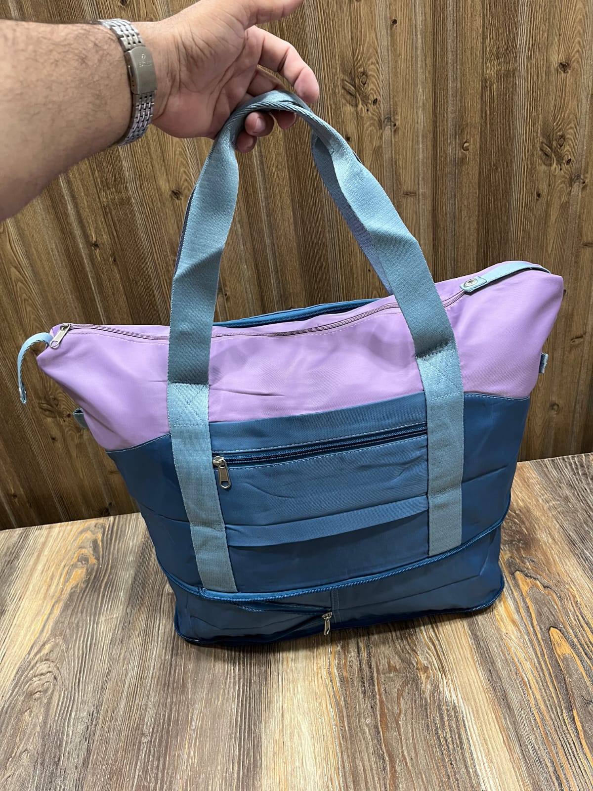Fashion Travel Foldable Duffel Tote Bag – Purple & Blue Colorblock