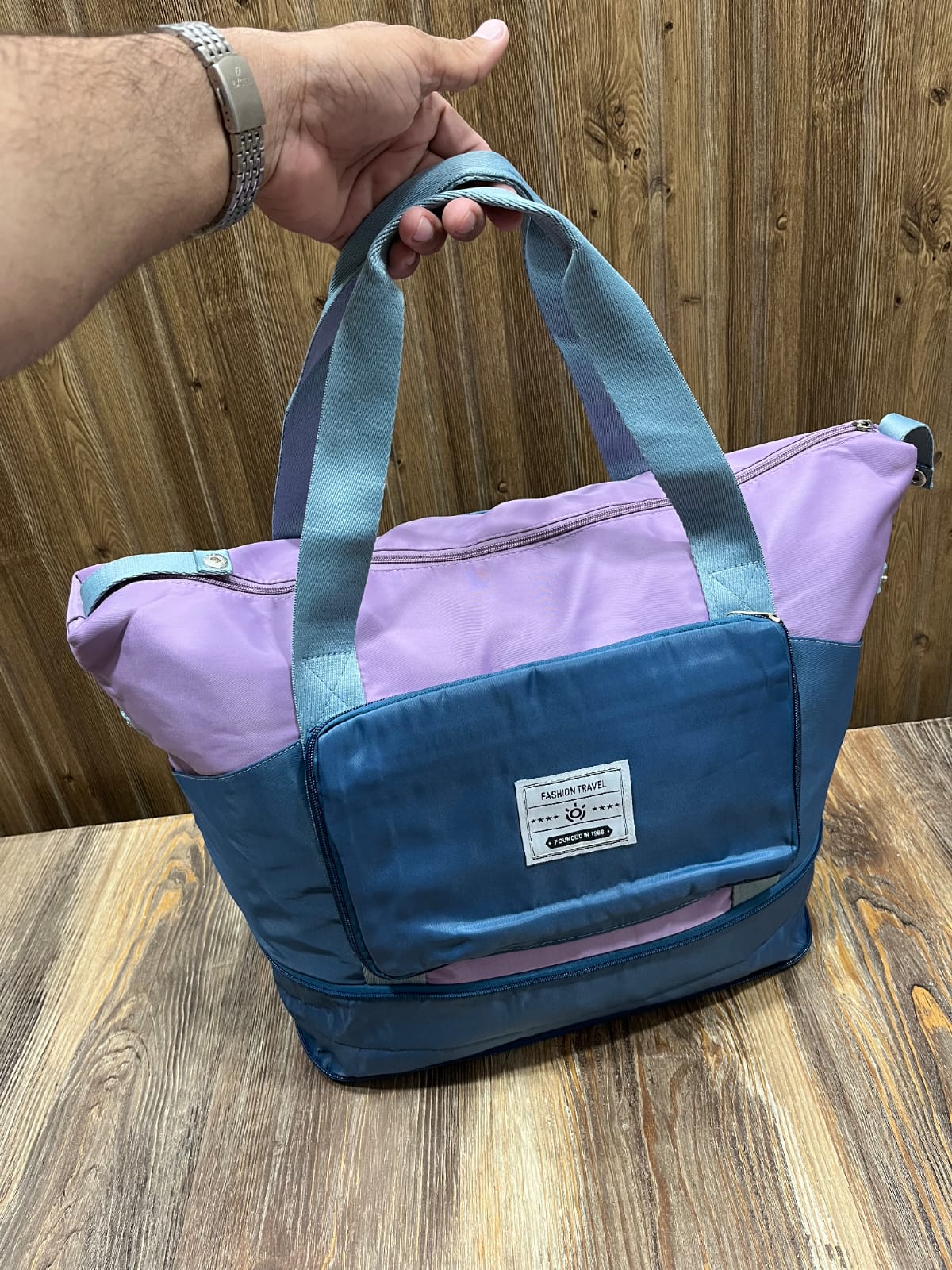 Fashion Travel Foldable Duffel Tote Bag – Purple & Blue Colorblock