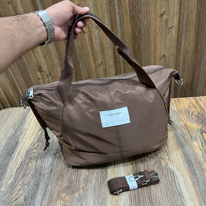 Brown Nylon Foldable Travel Tote Bag with Detachable Strap