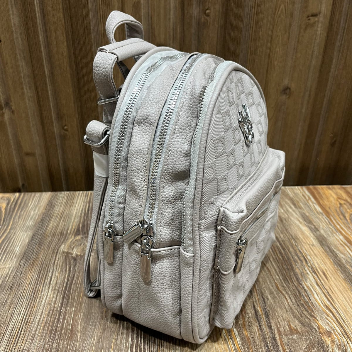 Light Grey Mini Backpack for Girls – Embossed PU Leather Small Backpack with Silver Zips