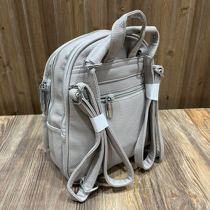 Light Grey Mini Backpack for Girls – Embossed PU Leather Small Backpack with Silver Zips