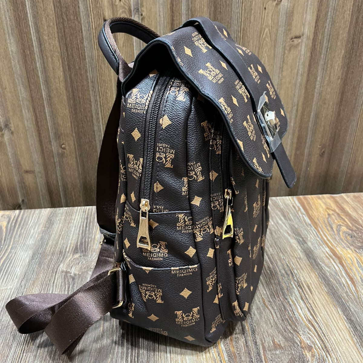 Monogram Print Mini Backpack – Elegant Faux Leather Bag with Buckle Flap