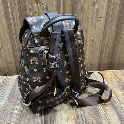 Monogram Print Mini Backpack – Elegant Faux Leather Bag with Buckle Flap