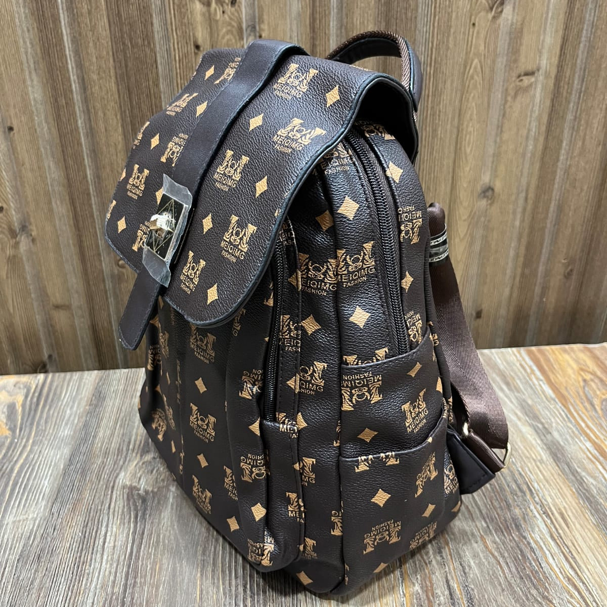Monogram Print Mini Backpack – Elegant Faux Leather Bag with Buckle Flap