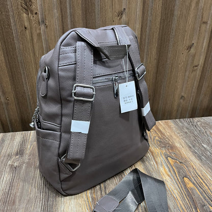 Grey PU Leather Backpack for Women – Stylish Convertible Backpack and Shoulder Bag with Wide Strap
