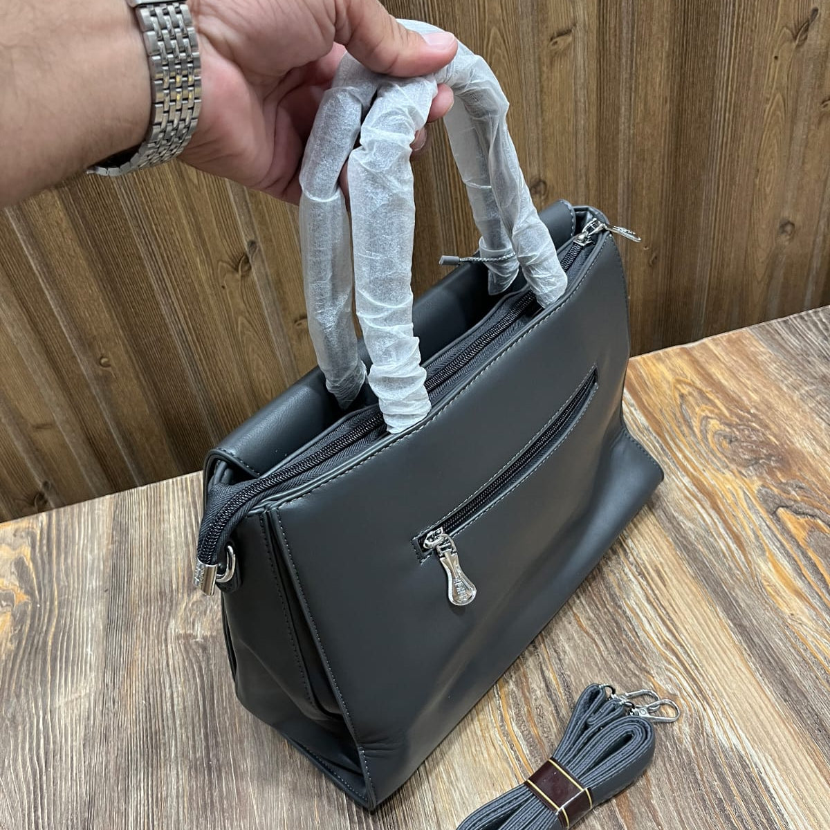Dark Grey PU Leather Handbag for Women – Top Handle Bag with Silver Twist Lock and Detachable Shoulder Strap