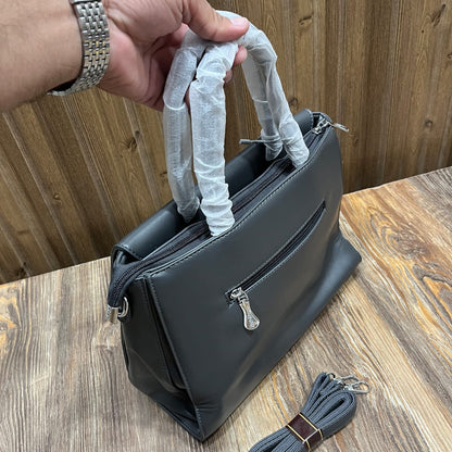 Dark Grey PU Leather Handbag for Women – Top Handle Bag with Silver Twist Lock and Detachable Shoulder Strap
