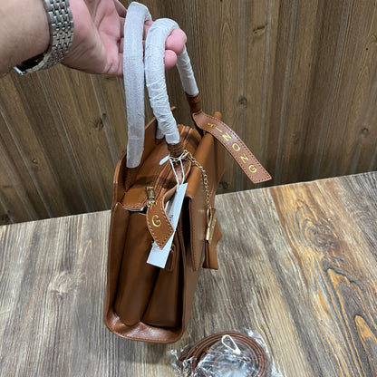 Tan Brown PU Leather Handbag for Women – Top Handle Bag with Mini Bag Charm and Detachable Shoulder Strap