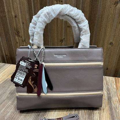 Women's Structured PU Leather Handbag with Cream Stripe Detail – Top Handle Bag with Detachable Shoulder Strap (Taupe, Dark Grey)